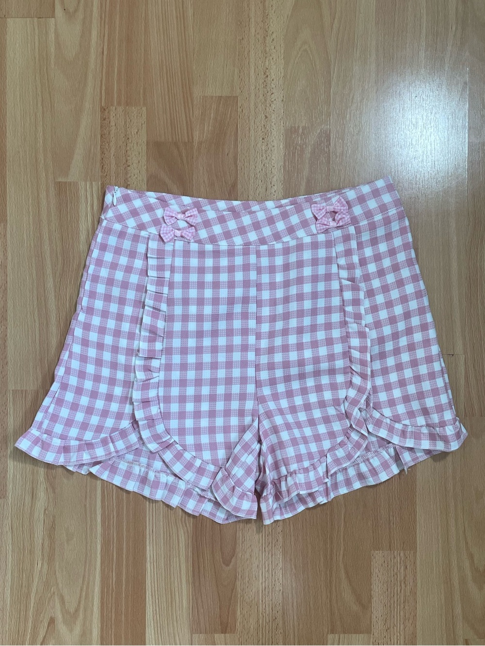 Pink Gingham Ruffle Women’s Shorts With Bow accents